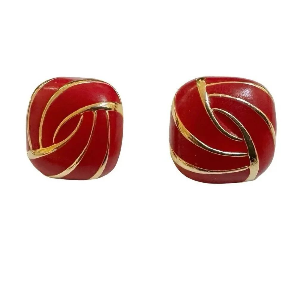 Red and gold tone square enamel earrings